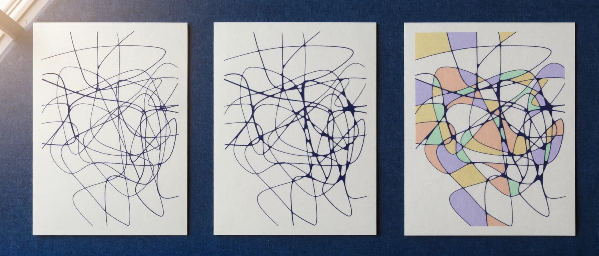 Three sheets side by side: lines, then rounded intersections, then colour — the steps of the technique.